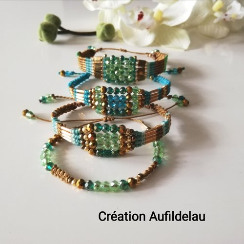 Bracelets en micro macramé, perles miyuki et perles cristal.