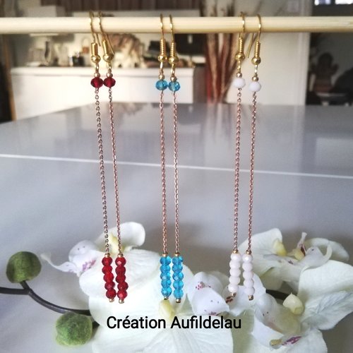 Boucles d'oreilles chaîne dorée rose et perles en cristal. 3 couleurs au choix