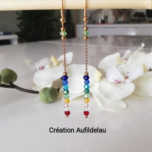 Boucles d'oreilles chaîne dorée et perles multicolores à facettes