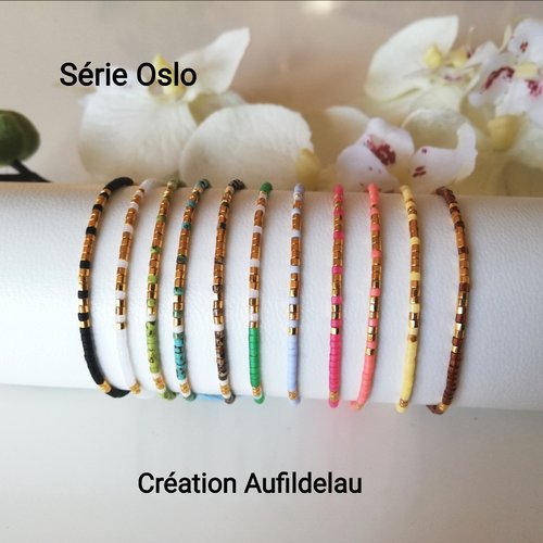 Série oslo. bracelet fin en perles miyuki plaqué or et 11 couleurs au choix fermoir coulissant