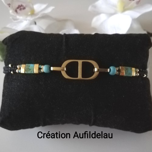 Bracelet en perles miyuki dorées, turquoises et acier inoxydable. fermoir coulissant