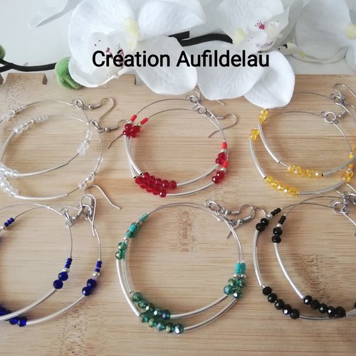 Boucles d'oreilles pendantes, créoles en perles miyuki, cristal et tubes argentés