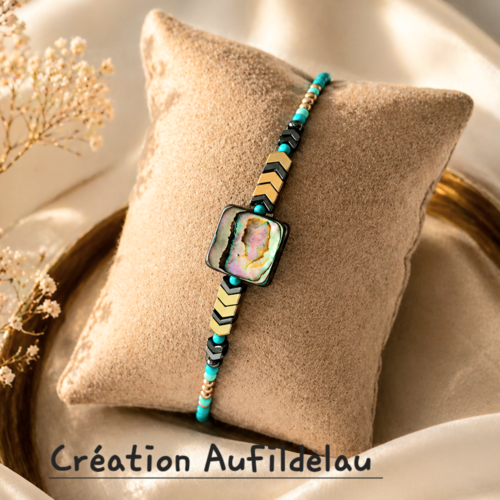 Bracelet en perles miyuki dorées et turquoises, hématites et coquille d'abalone