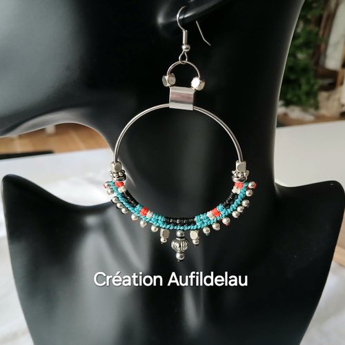 Boucles d'oreilles créoles recyclées et tissage macramé