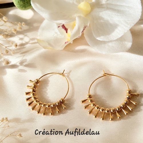 Boucles d'oreilles en acier inoxydable doré, perles dorées et pampilles