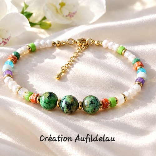 Bracelet en jaspe,améthystes et hématites dorées
