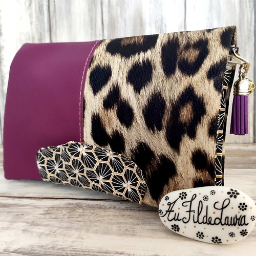 Portefeuille simili cuir léopard et violet, modèle pour femme