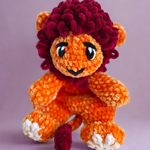 Doudou plat lion en velours – yeux brodés sécurité bébé – fait main