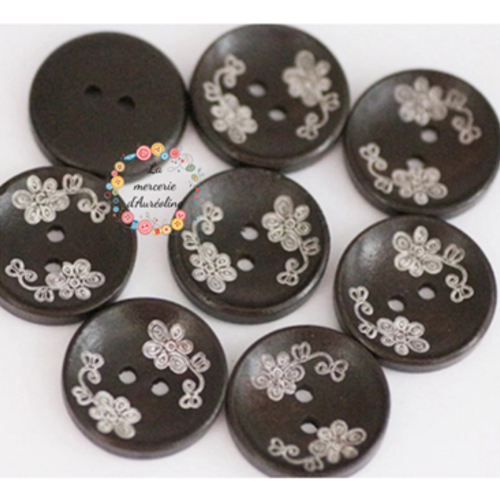 Bouton rond en bois à  "fleurs blanches" x3