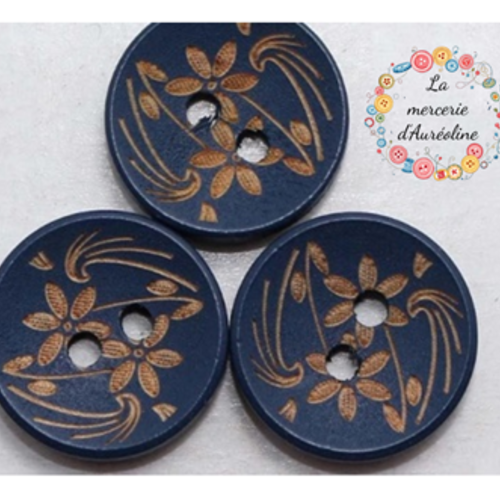 Bouton rond en bois "fleurs incrustées" - 15mm x4