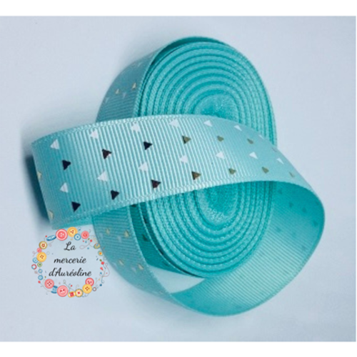 Ruban gros grain vert turquoise, blanc et doré - 25mm
