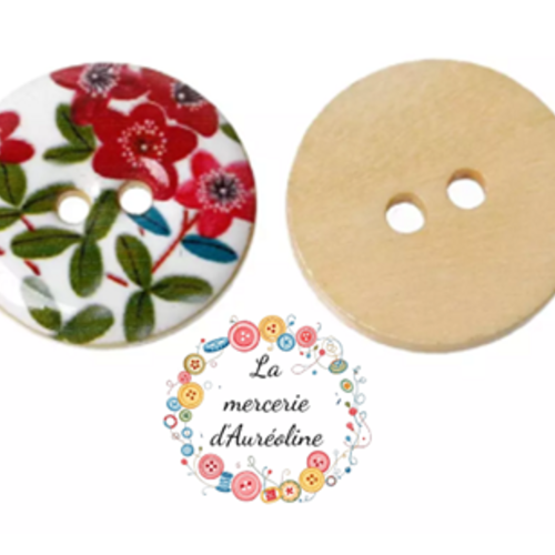 Bouton rond  "coquelicot" émail et bois - 24mm