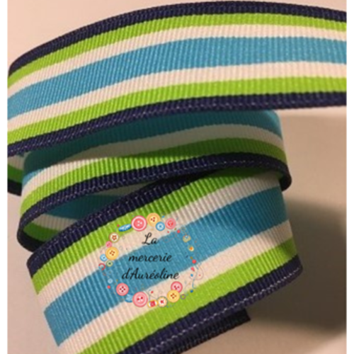 Ruban gros grain à rayures marine, vert et blanc - 25mm
