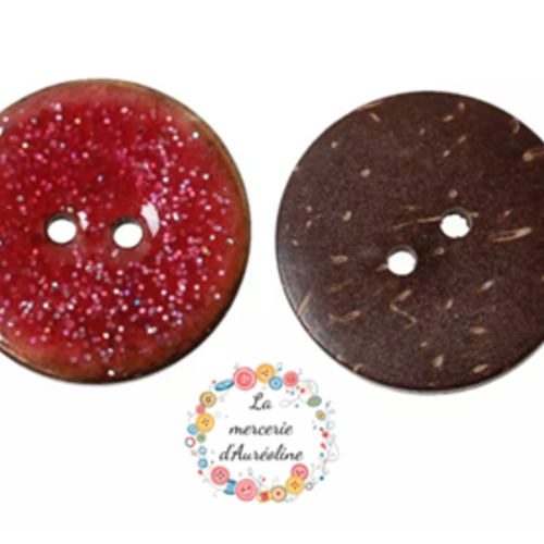 Bouton rond coco et émail rouge pailleté - 25mm