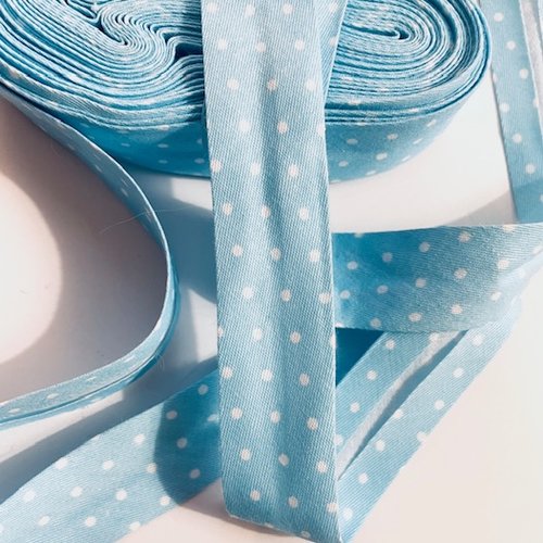 Biais en coton bleu ciel à pois blancs -  2cm