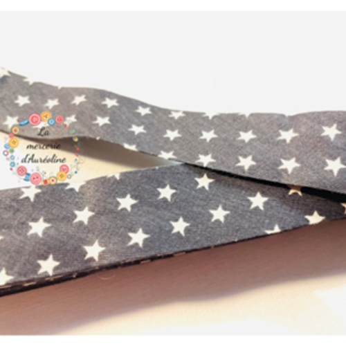 Biais en coton gris foncé à étoiles crème -  2cm