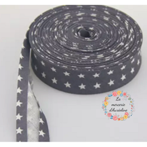 Biais en coton gris foncé à étoiles crème -  2cm