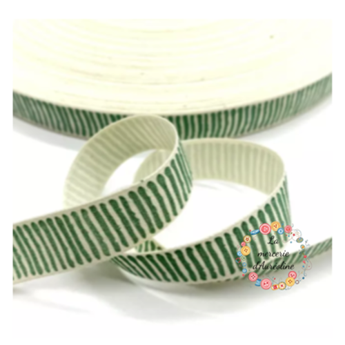 Ruban de coton ecru et vert - 15mm