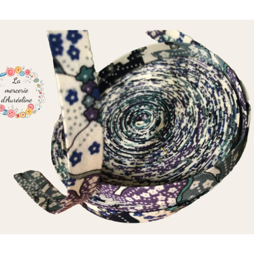 Biais "fleurs violette et grise" - 10mm