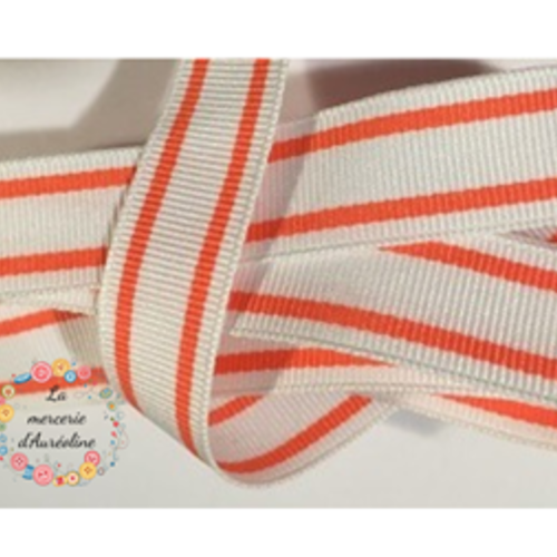 Ruban gros grain à rayures blanc et corail - 15mm