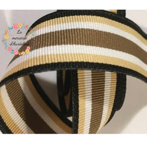 Ruban gros grain à rayures marron, beige et blanc - 25mm