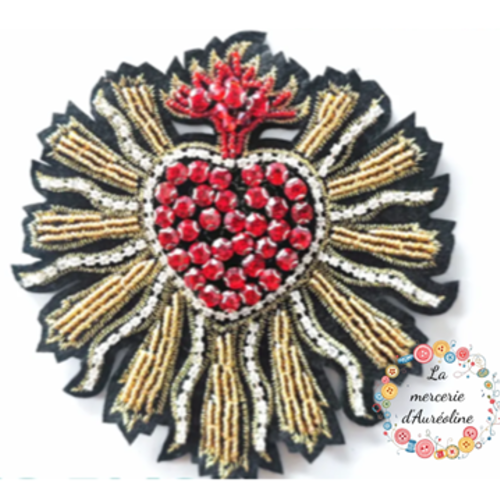 Patch "coeur perlé" rouge et or - 12cm