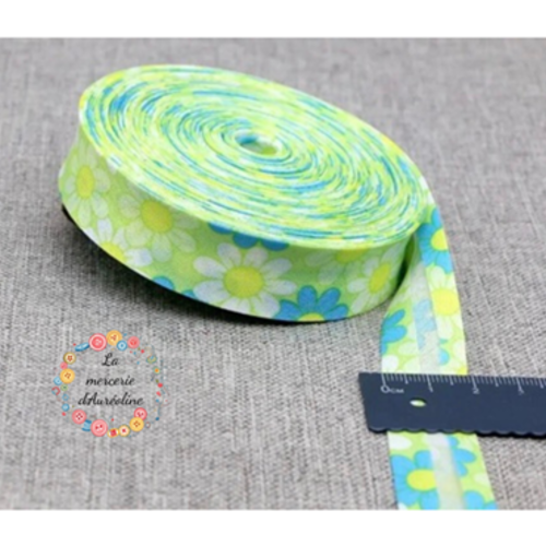 Biais "flowers power" vert et bleu