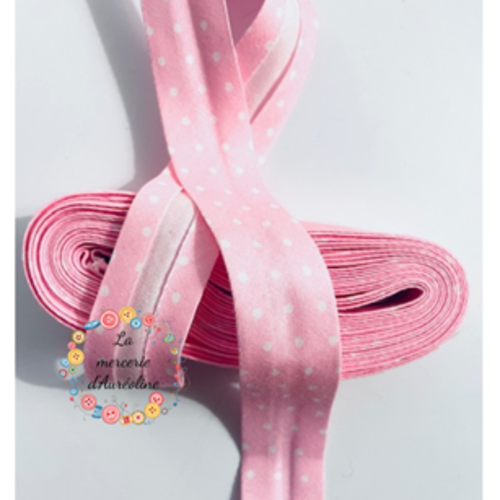 Biais coton rose à pois blanc  - 2cm