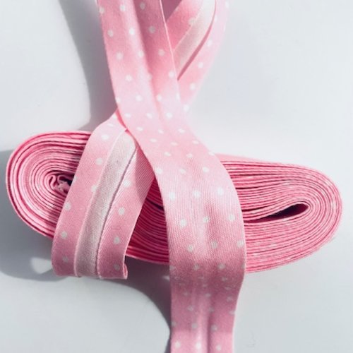 Biais coton rose à pois blanc  - 2cm