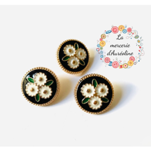 Bouton rond doré et émaillé marine avec fleurs - 18mm