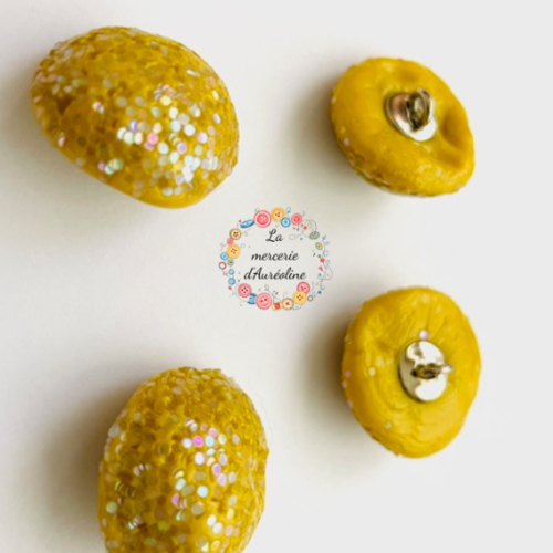 7 x bouton résine jaune moutarde pailleté
