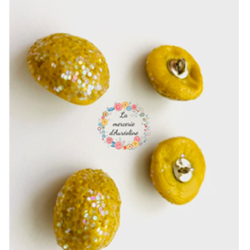 7 x bouton résine jaune moutarde pailleté