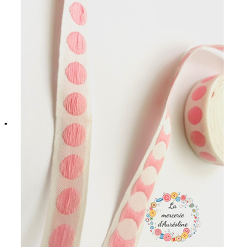 Ruban blanc à pois rose  - 22mm