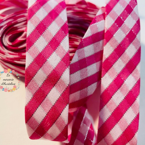 Biais vichy fuchsia et lurex -  2cm