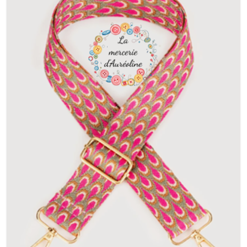 Bandoulière de sac "plumes de paon rose et marron"