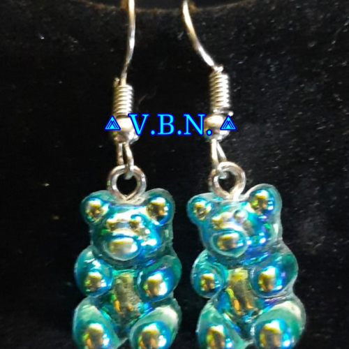 Boucles d'oreilles ourson acrylique nacrée bleu turquoise