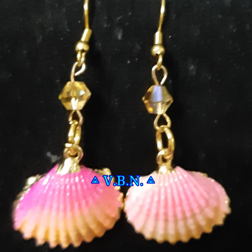 Boucles d'oreille coquillage plat multicouleur inoxydable doré avec perles conique 6mm