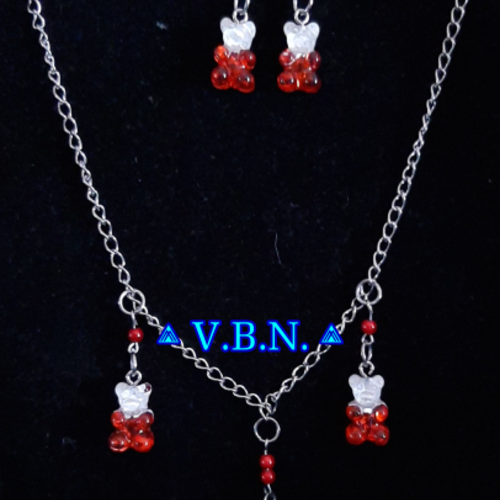 Parure nounours résine blanc et rouge inoxydable