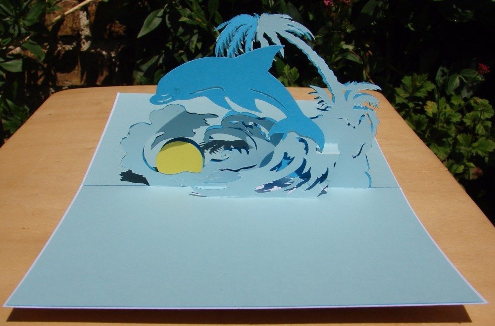 Carte Kirigami Dauphin Joyeux Anniversaire Bleue Et Blanche Encre Marine Ficelle Un Grand Marche