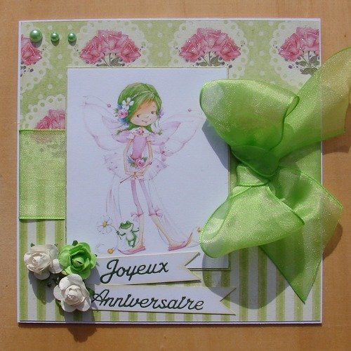Carte Joyeux Anniversaire Rose Et Verte Elfe Et Grenouille Ruban Fleurs Et Demi Perles Un Grand Marche