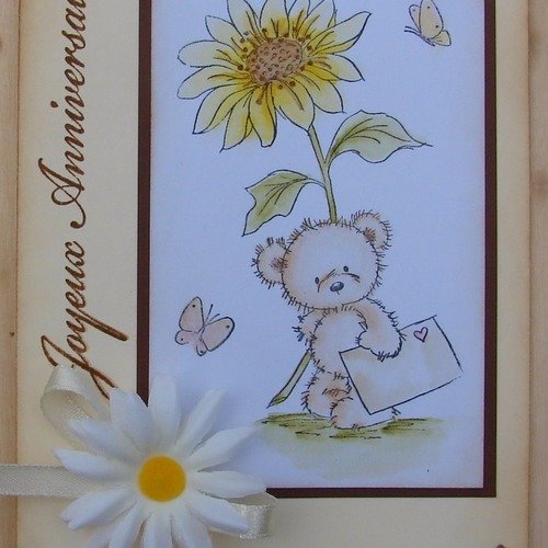 Carte Joyeux Anniversaire Ourson Tournesol Beige Marron Grosse Fleur Ruban Et Ficelle Un Grand Marche