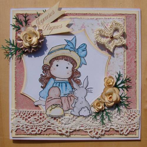 Carte vintage, joyeuses pâques, magnolia, dentelle ...
