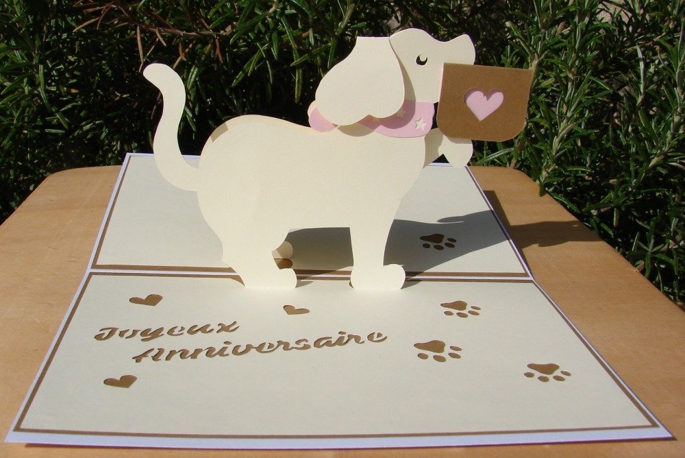 Carte Kirigami Joyeux Anniversaire Petit Chien Marron Beige Et Rose Ruban Bouton Demi Perles Un Grand Marche