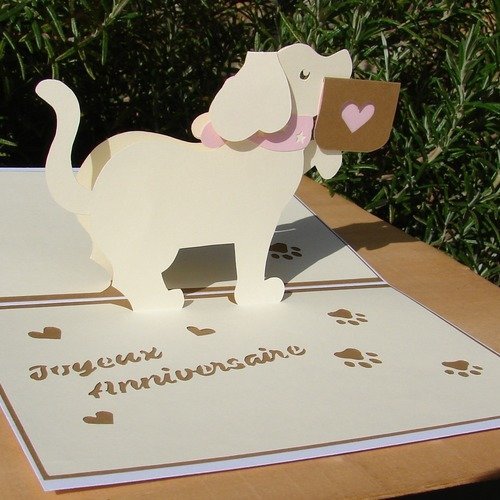 Carte Kirigami Joyeux Anniversaire Petit Chien Marron Beige Et Rose Ruban Bouton Demi Perles Un Grand Marche