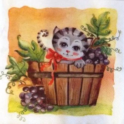 Serviette en papier chat et raisin dans la barrique #an089u