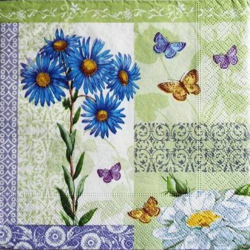 Serviette en papier fleurs bleues et papillons #f105u