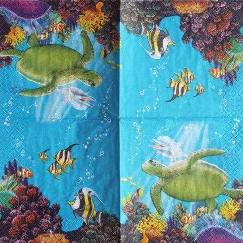 Serviette en papier 25x25cm dauphin, tortue et beaux poissons #an028pu 