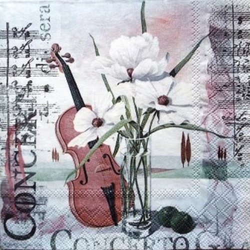 Serviette en papier violon et belles fleurs blanches #f026u