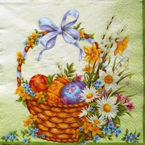 Serviette en papier panier de fleurs et oeufs décorés #f016u