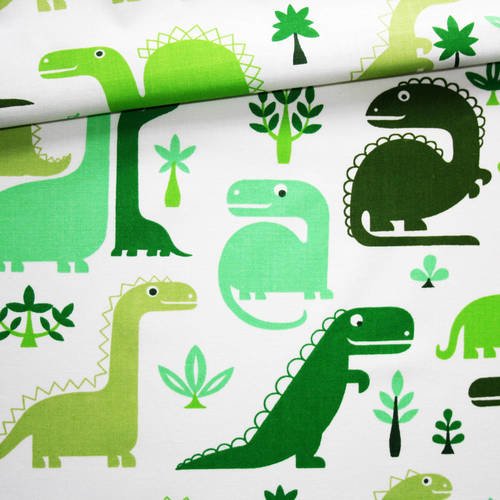 Tissu dinosaures, 100% coton imprimé 50 x 160 cm, dinosaures verts sur fond blanc 